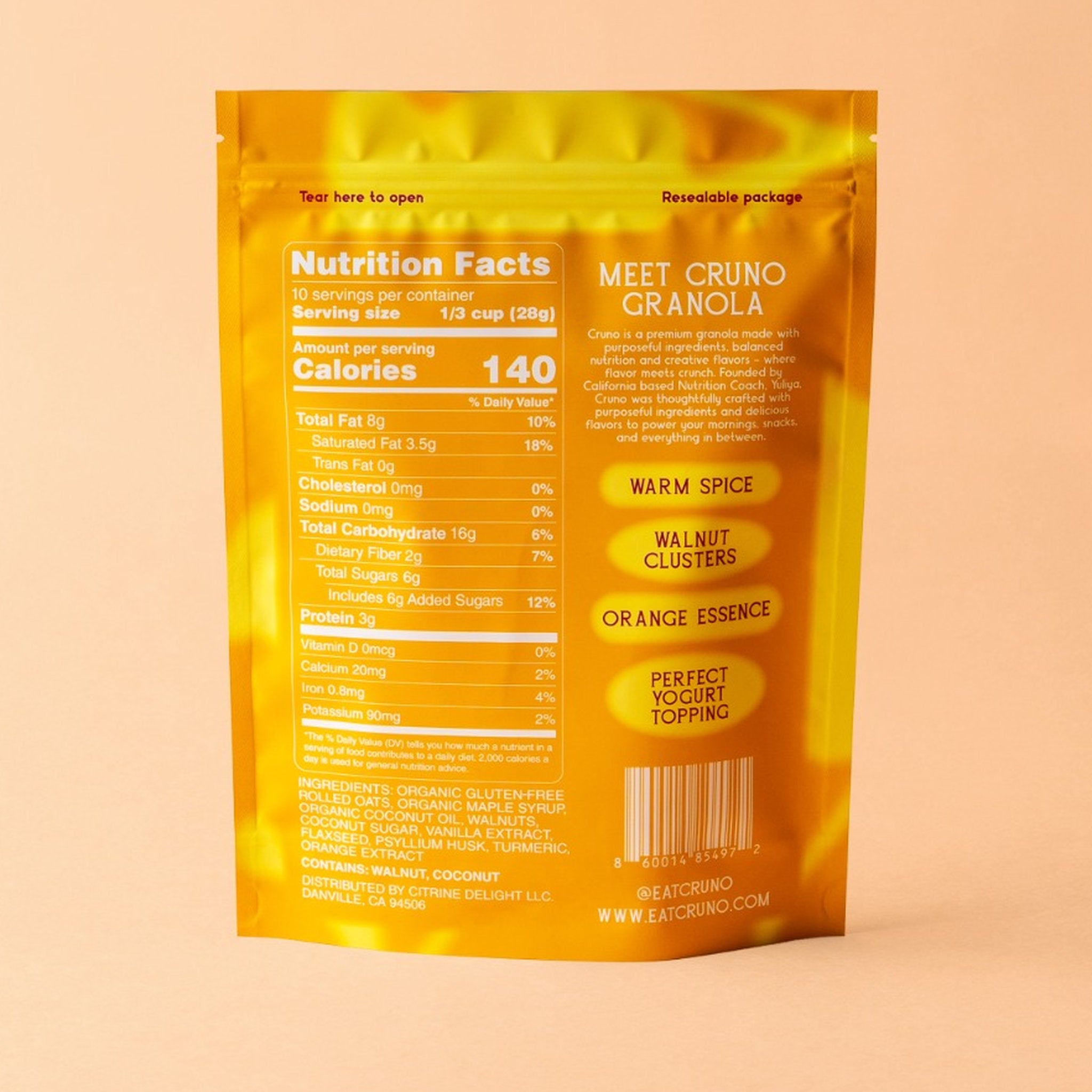 Cruno Orange Essence Walnut Granola bag nutrition label