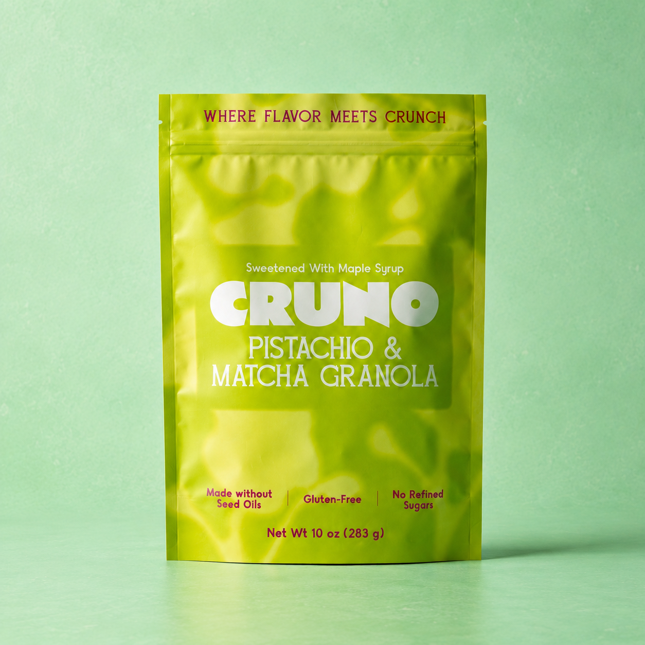CRUNO Matcha Pistachio Granola bag — no seed oils, gluten free, maple sweetened
