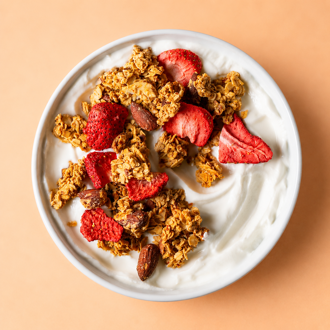 Strawberry almond granola in a bowl — gluten free, no seed oils