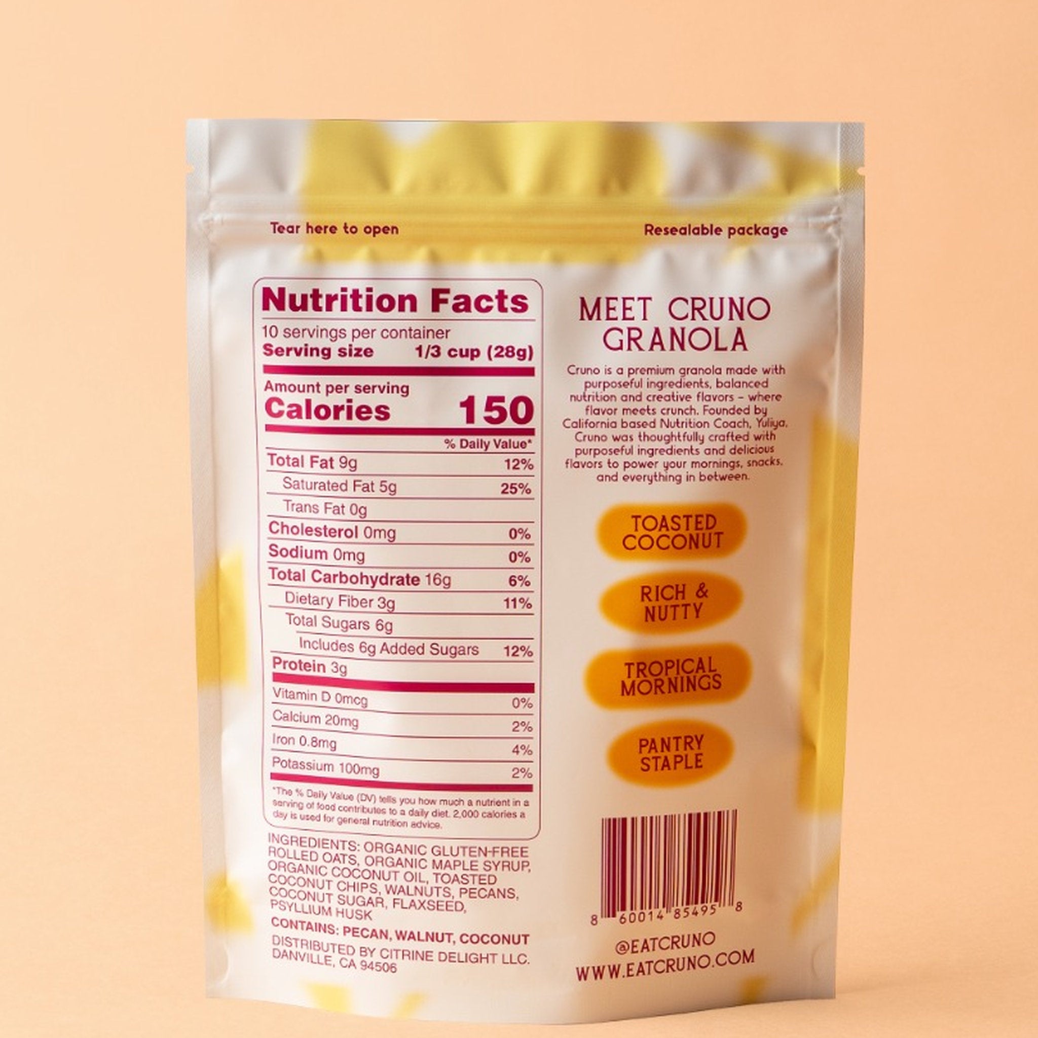 Cruno Coconut Walnut Granola bag nutrition label