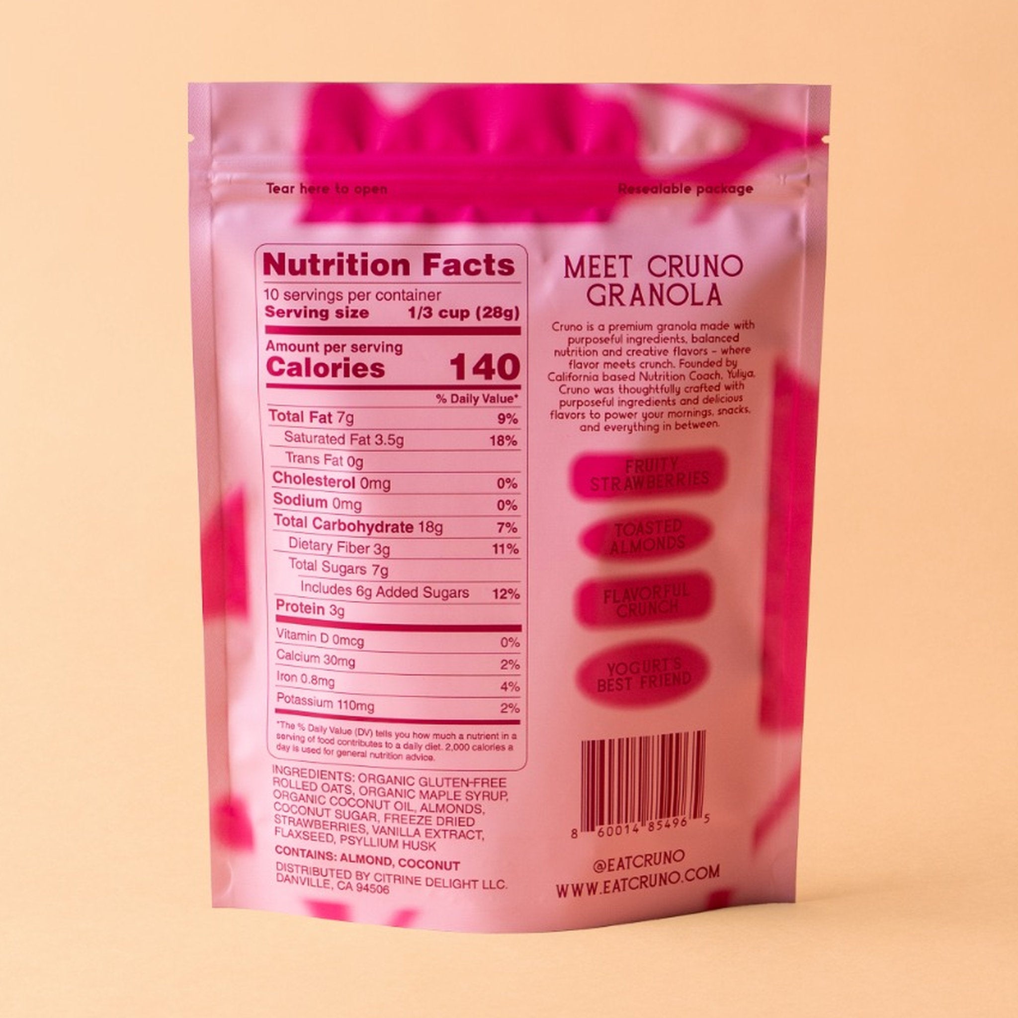 Cruno Strawberry Almond Granola bag nutrition label